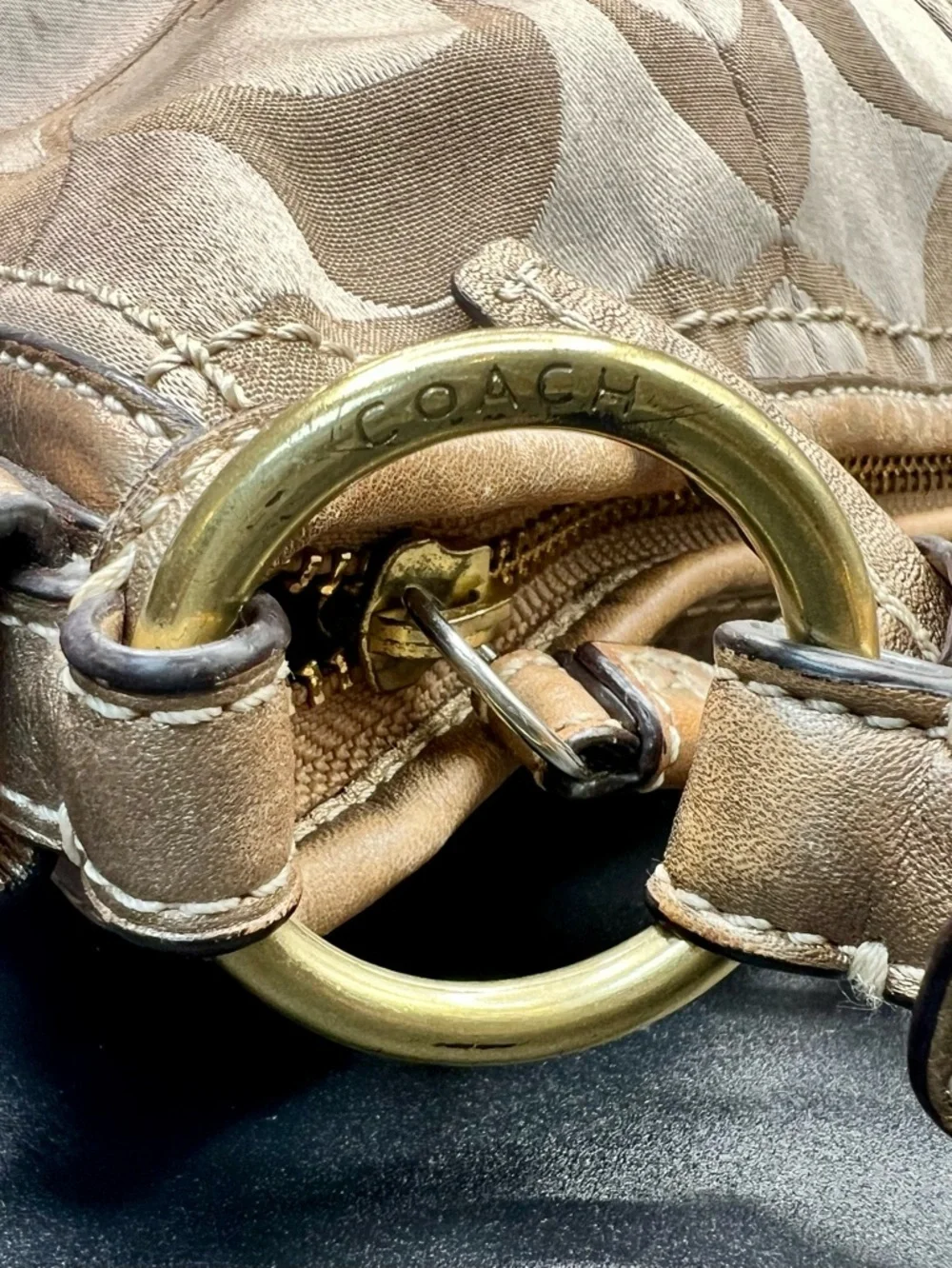 COACH Signature Tan Sateen Hobo Shoulder Bag with Metal Hang Tag
